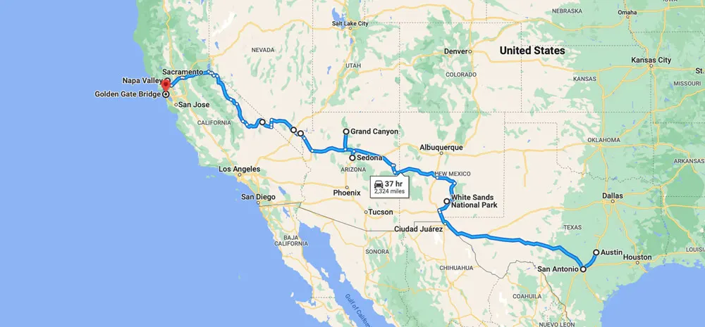 Texas to California Road Trip Route